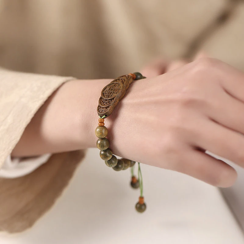 Original Antiquity Fresh Costustoot Green Sandalwood Beads Lucky Hand Card Birth Year Female Adjustable Single Ring Bracelet