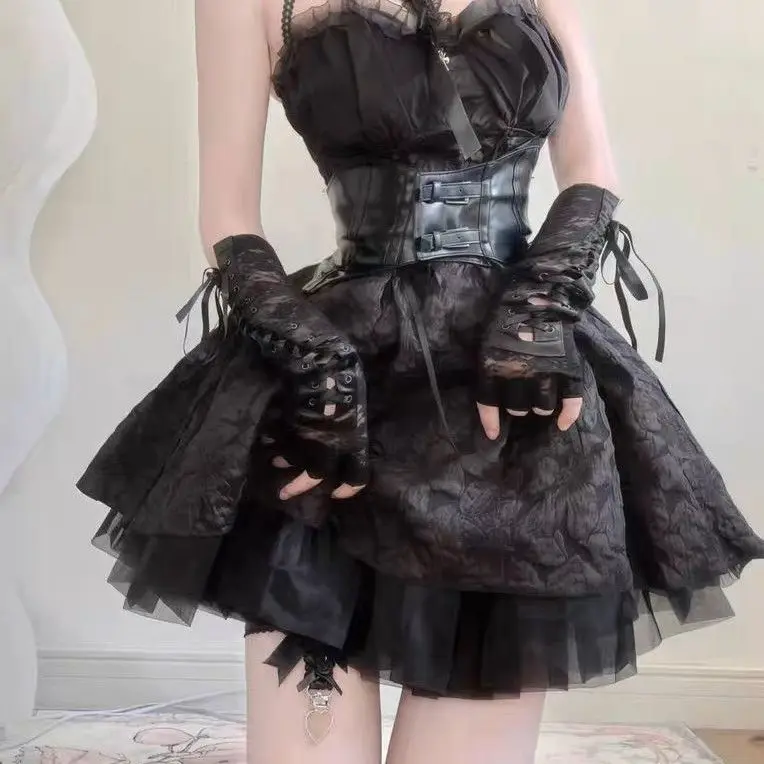 

Летний японский темный готический стиль, вечерние комплект из 2 предметов, женское платье Лолиты с открытой спиной + корсет с тонкой талией, винтажный сексуальный наряд Y2K