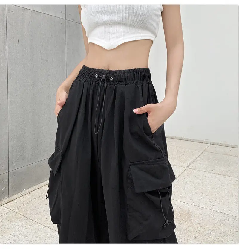 Women's Low Waist Tech Pants, Drawstring, Wide Leg Baggy Trousers, Y2K Streetwear, Oversize Sweatpants, Casual Joggers,