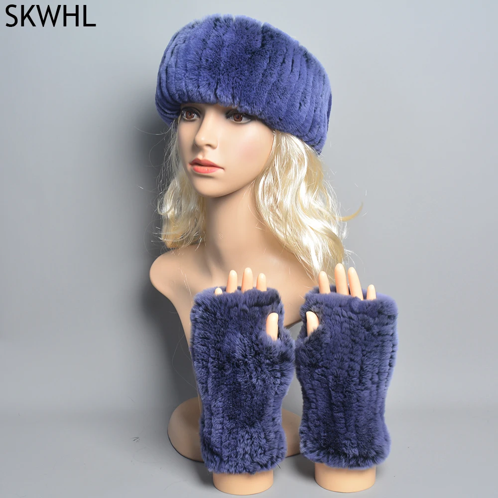 One Set Women Real Rex Rabbit Fur Cuffs Headband Winter Warmer Hat Arm Wrist Sleeve Gloves Female Real Fur Cap Elastic Wristband