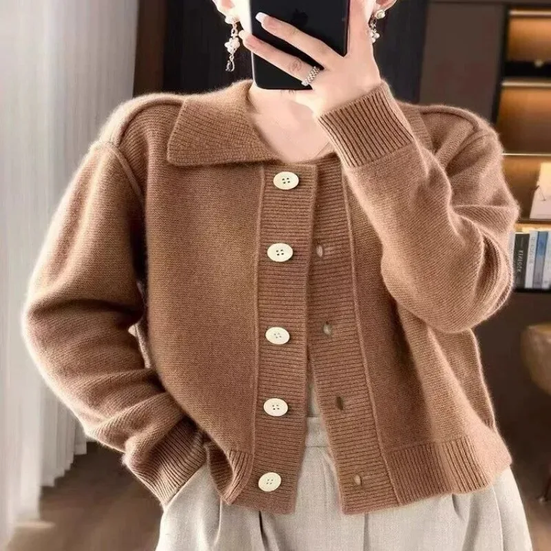 

Корейский стиль, модный вязаный кардиган с лацканами для женщин, осень и зима, новая свободная верхняя одежда в стиле ретро, свитер, куртка