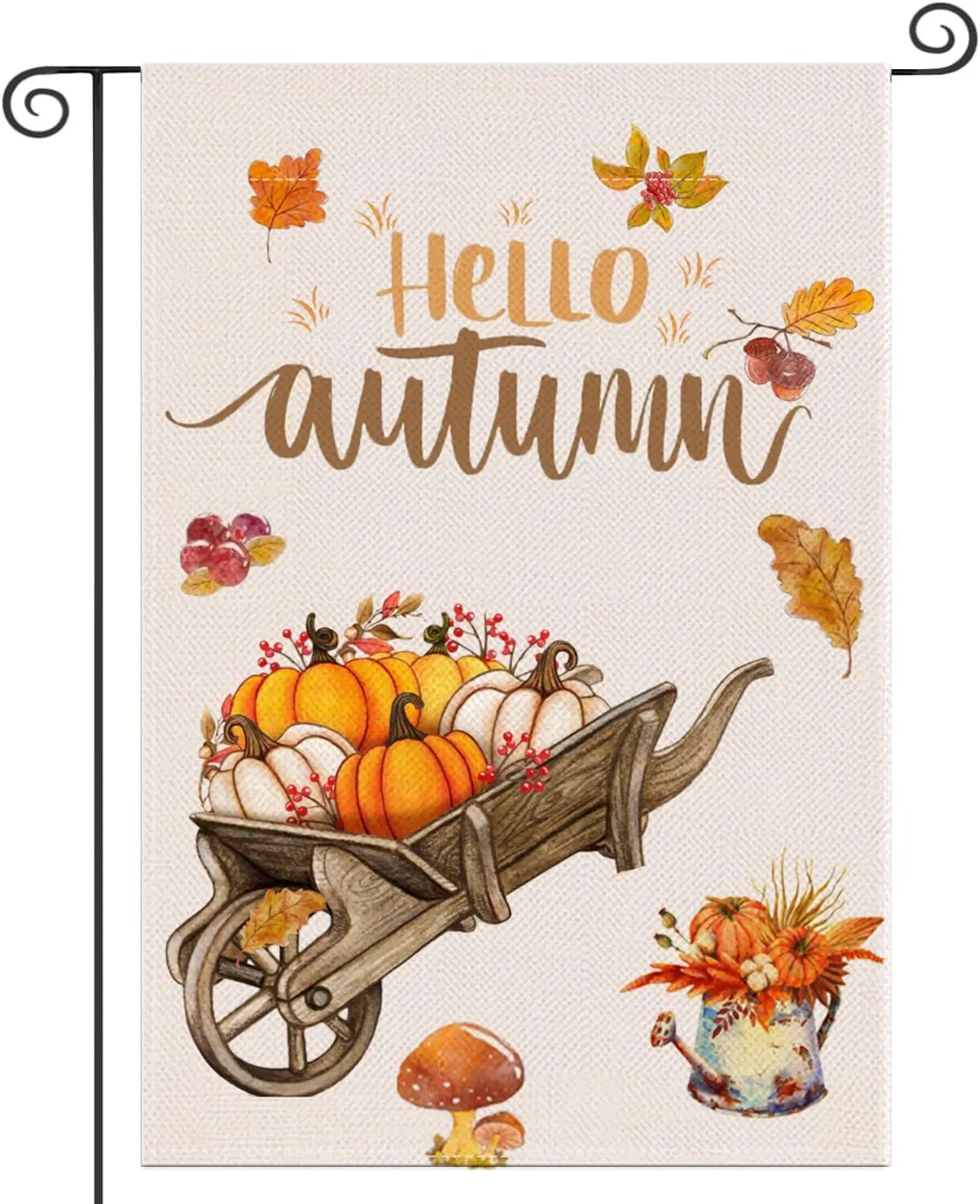 Fall Garden Flag 12x18 Inch Double Sided, Hello Autumn Thanksgiving Pumpkins Maple Leaves Mushroom Harvest Holiday Seasonal Deco