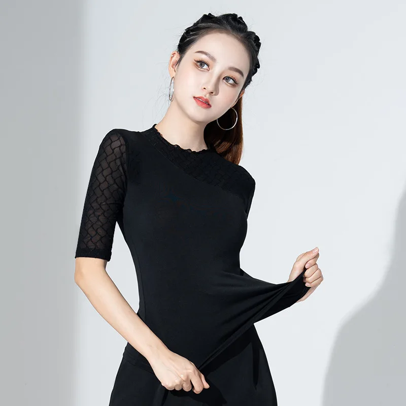 Disfraz de baile latino para mujer, blusa Sexy de malla negra, ropa de Salón Internacional, vestido de entrenamiento de alta calidad, novedad de 2023