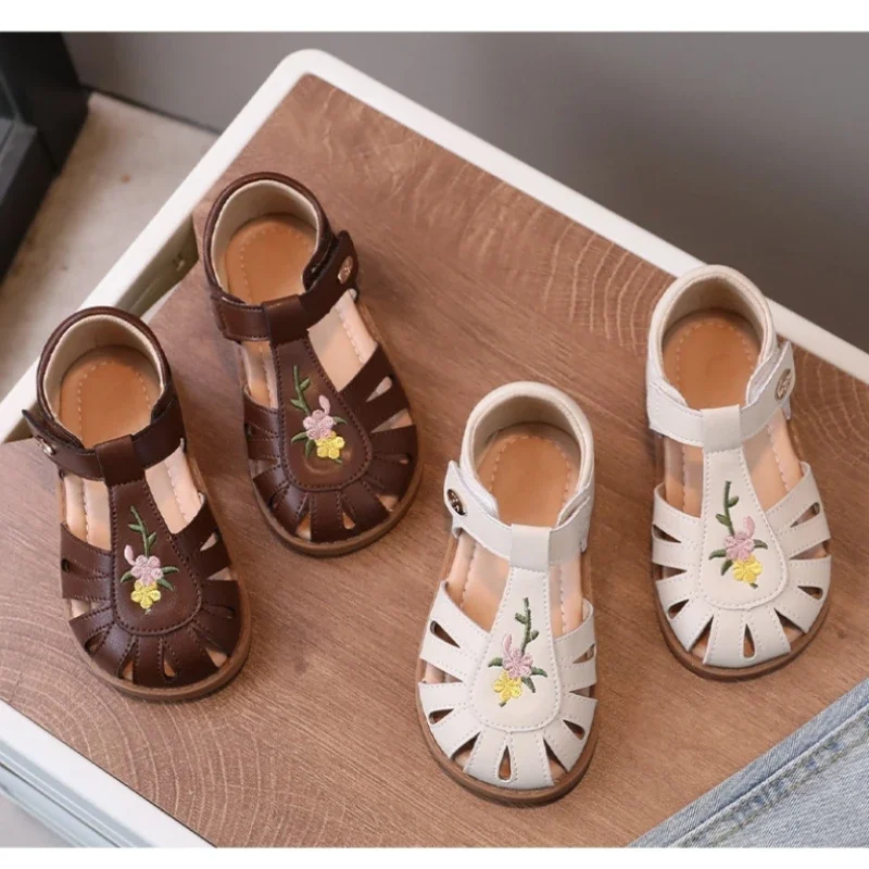 Children's Sandals Summer Lovely Embroidered Flowers Baby Girls Fashion Sandals Breathable Kids Shoes Beach Sandals