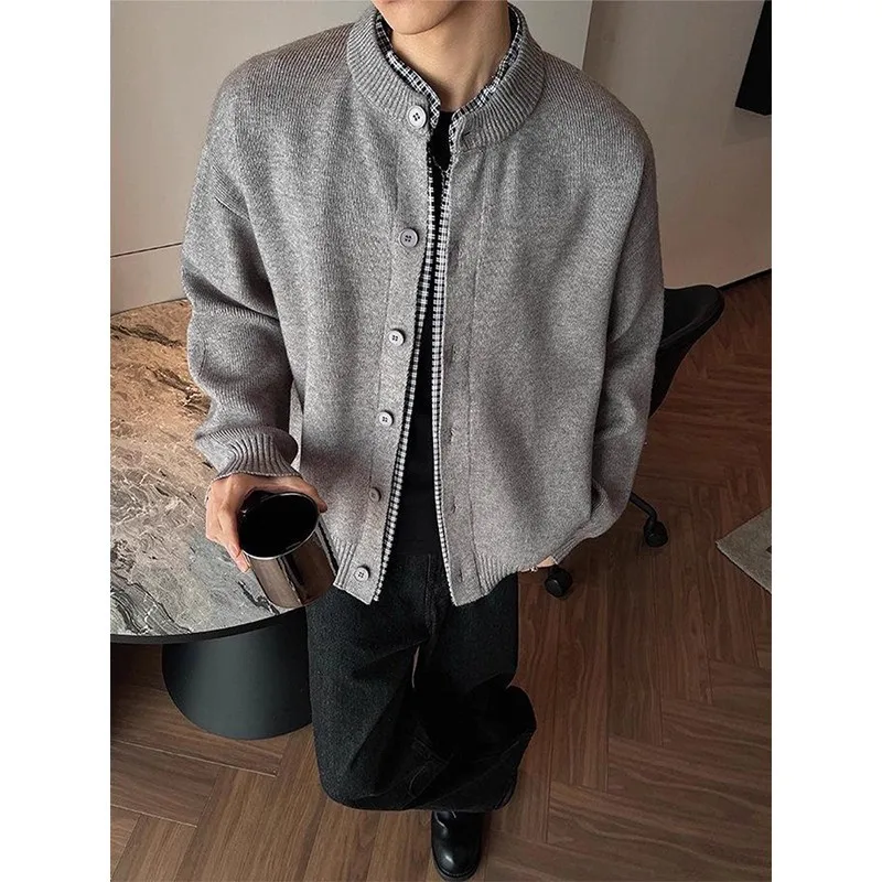

Серый американский ретро-поддельный кардиган из двух частей, мужской осенний вязаный жакет в ленивом стиле, куртка для чистки
