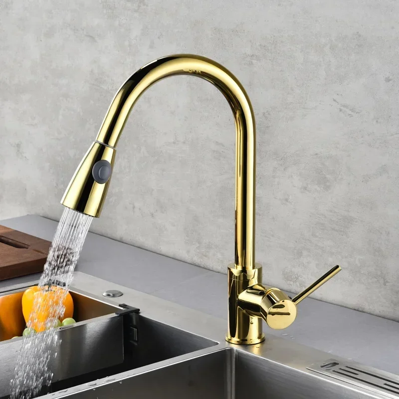 Modern Design Golden Kitchen Sink Faucet Single Handle Pull Out Multifunctional Cleaning 360 Spinning Pull Out Kitchen Faucet