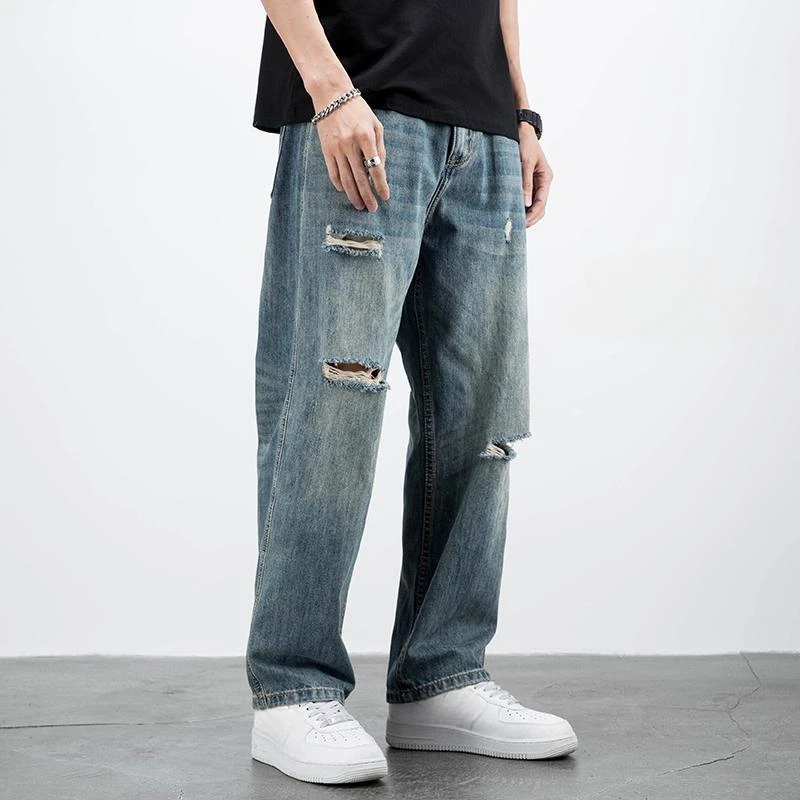 Men's Jeans Broken Straight Trousers Ripped with Holes Loose Torn Wide Leg Male Cowboy Pants Baggy 2024 Korean Autumn New in Xs