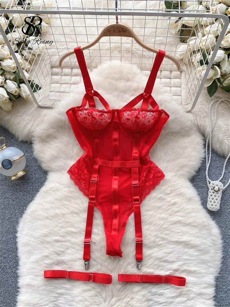 

SINGREINY Club Erotic Sheer Rompers Female Short Sleeve Slim Underwear Playsuits Women Lace Spliced Corset Sexy Bodysuits