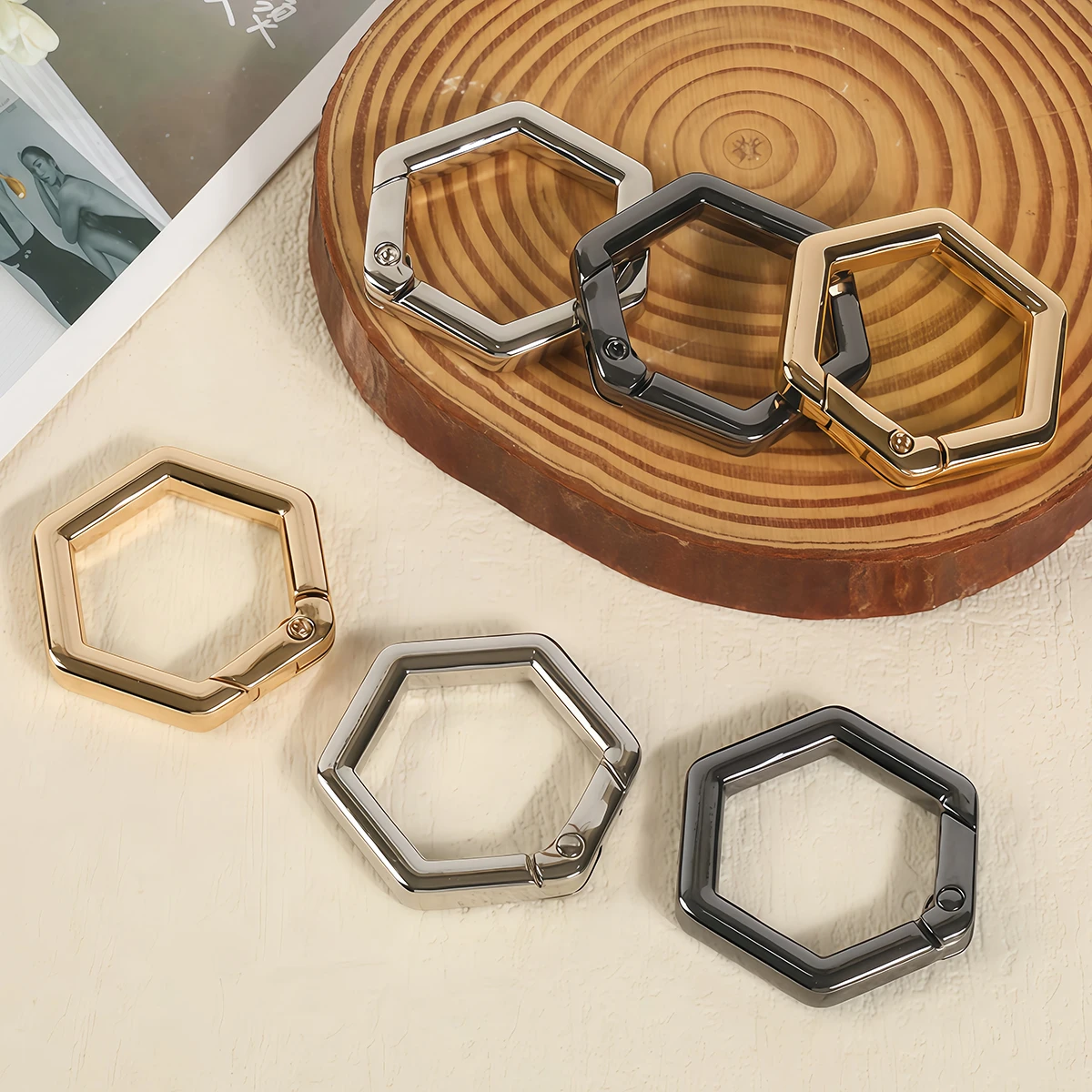 3-5 Stück Zinklegierung Sechskant-Federverschluss O-Ring Karabiner Öffnungsfähiger Leder-Taschenclip Handtaschen-Gürtelanhänger Schlüsselanhänger Schnappverschluss – Detail 3