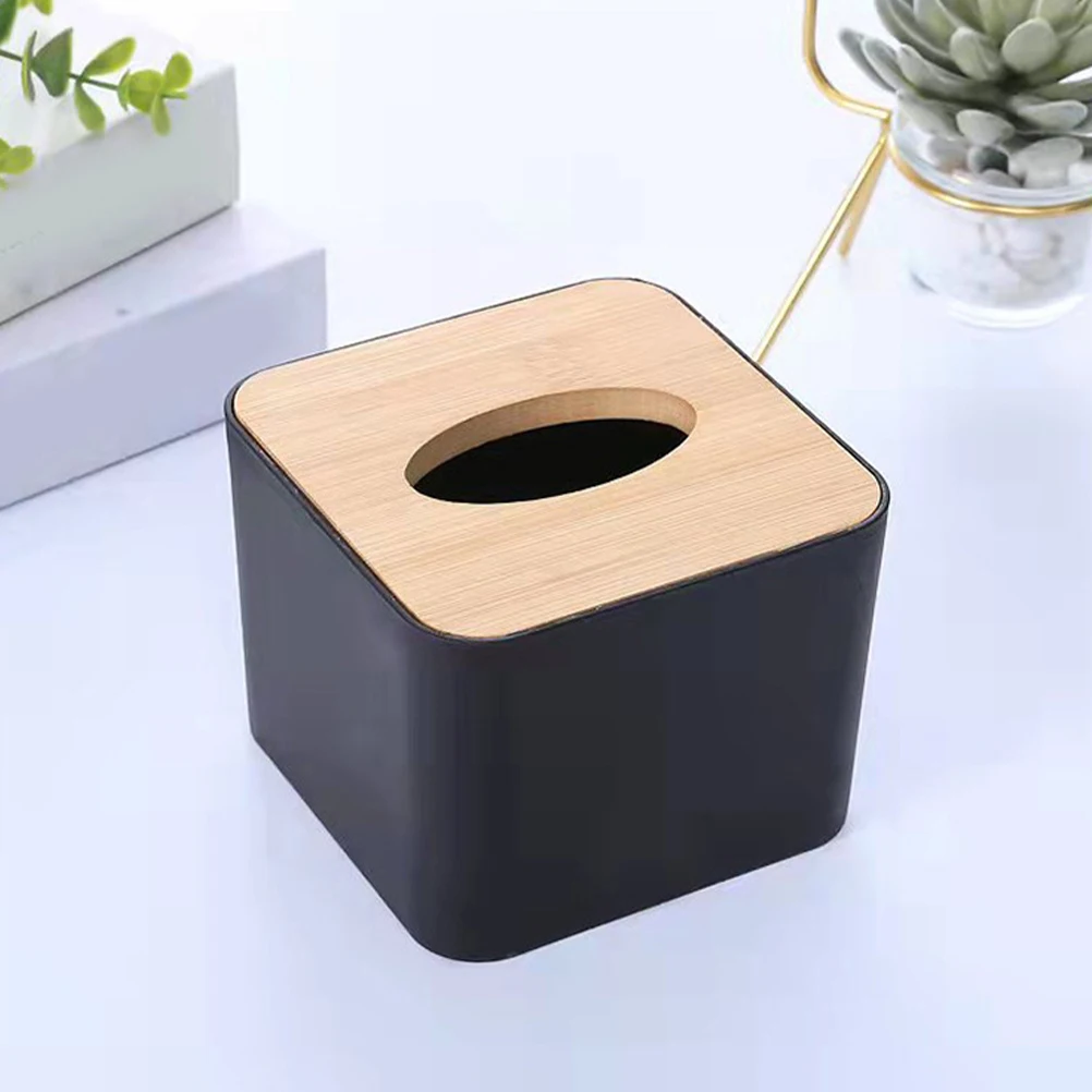 

Bamboo Tissue Box Cover Square Paper Towel Holder Black Wooden Office Home Bedroom Decorative Large Capacity Napkin for Living