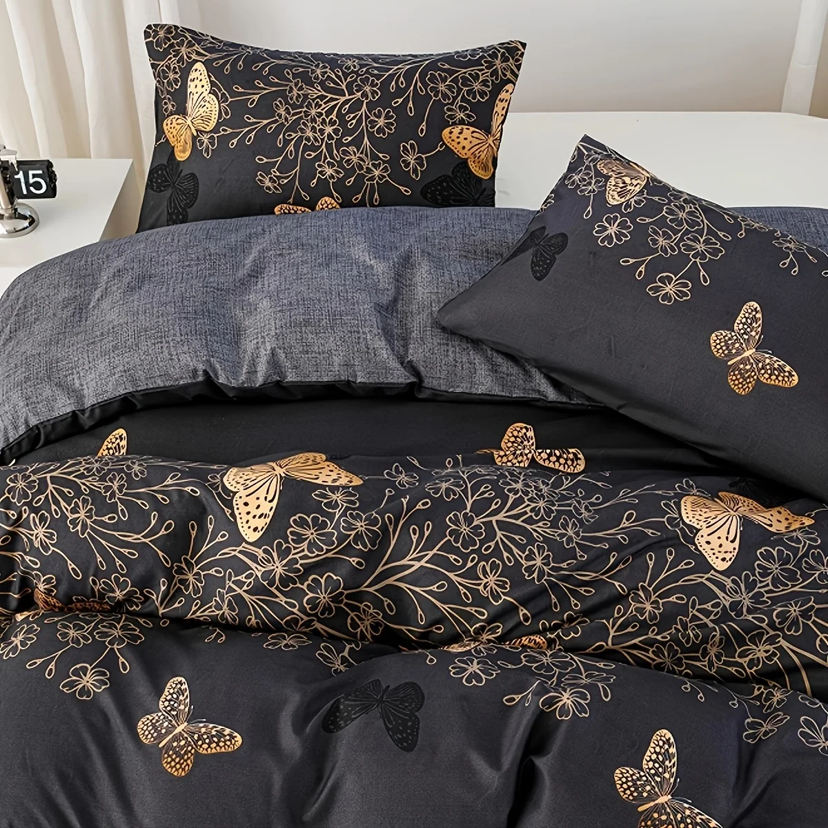 3 Stück (1 Bettbezug + 2 Kissenkerne), goldener Schmetterlingsdruck, geeignet für Einzel-/Doppelbett im Schlafzimmer als Weihnachtsgeschenk