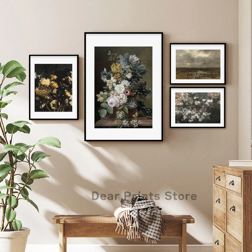 Dark Floral Still Life Oil Painting Moody Vintage Flower Art Print Antique Botanical Poster Canvas Painting Boho Chic Wall Decor