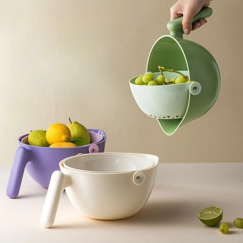 

Двухслойная миска для мытья овощей со сливной корзиной — модное ситечко для фруктов и кухонный дуршлаг для практичного домашнего использования