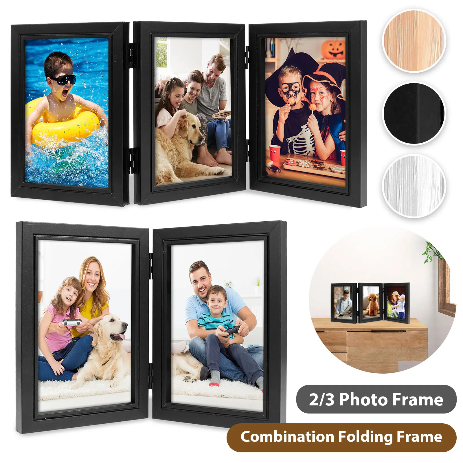 Custom Photo Wooden Picture Frame For Walls Double/Triple Photo Frame 180° Foldable Vintage Photo Frame Stand Commemorative Gift
