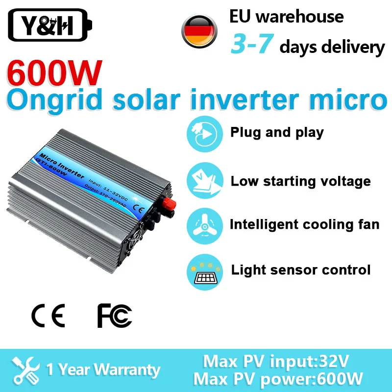 Y&H 600W Solar Gird Inverter 24V Battery Micro Portable solar network inverter Pure sinusoidal Mppt solar station For 220V 110V