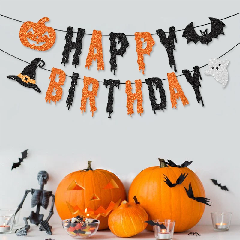 Halloween-Thema „Happy Birthday“-Banner, orange und schwarzer Halloween-Geburtstagskürbis, Fledermaus, Hexenhut, Geisterbanner, Halloween-Banner