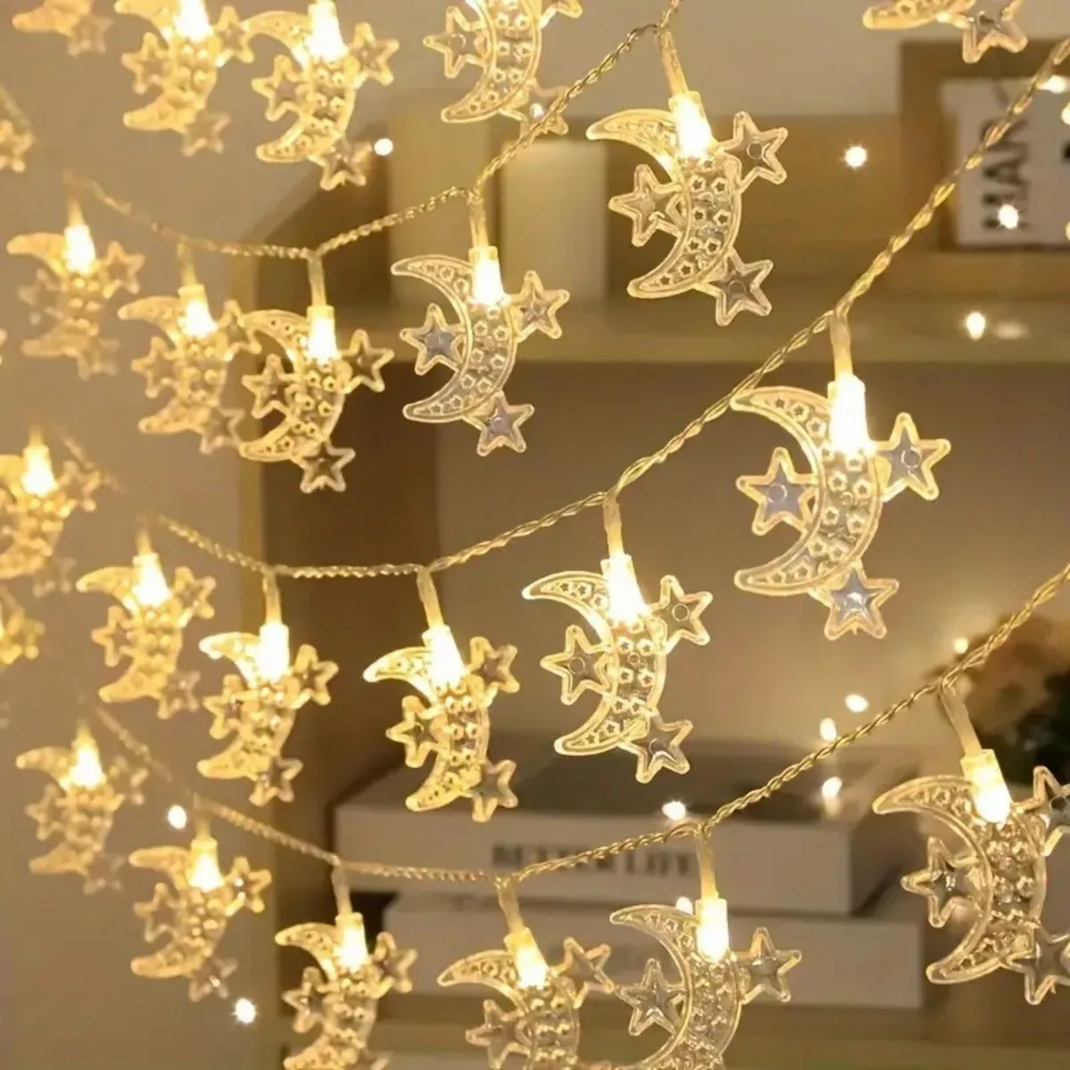 

1pc Mubarak Moon And 3 Star Eid String Light Ramadan Decorative Hanging Lamp Battery Powered For Home Bedroom Balcony Party Deco