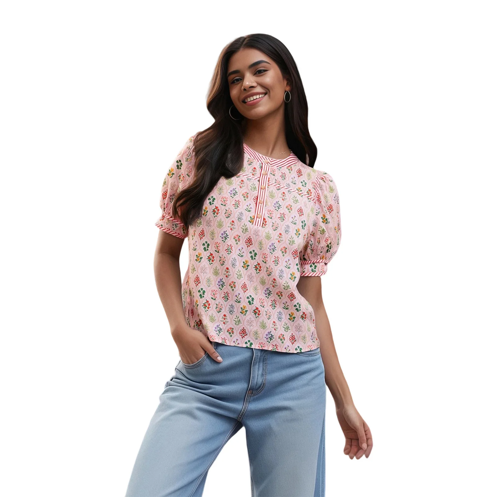 

Женские летние рубашки, повседневные топы в полоску с цветочной отделкой и круглым вырезом на пуговицах, с короткими рукавами