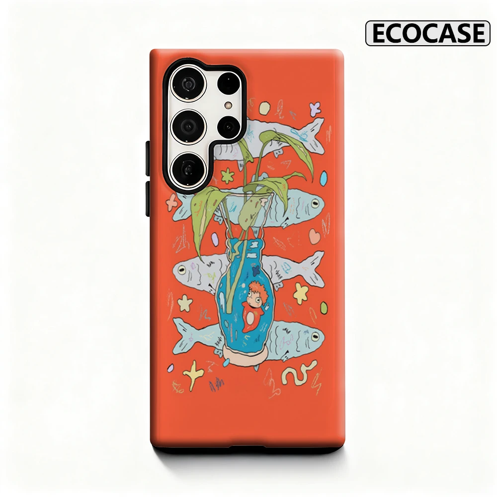 Skurrile Fische und Vase Handyhülle für Samsung Galaxy S25 Ultra S24 S23 Ultra Plus, glänzende doppellagige Rückseite