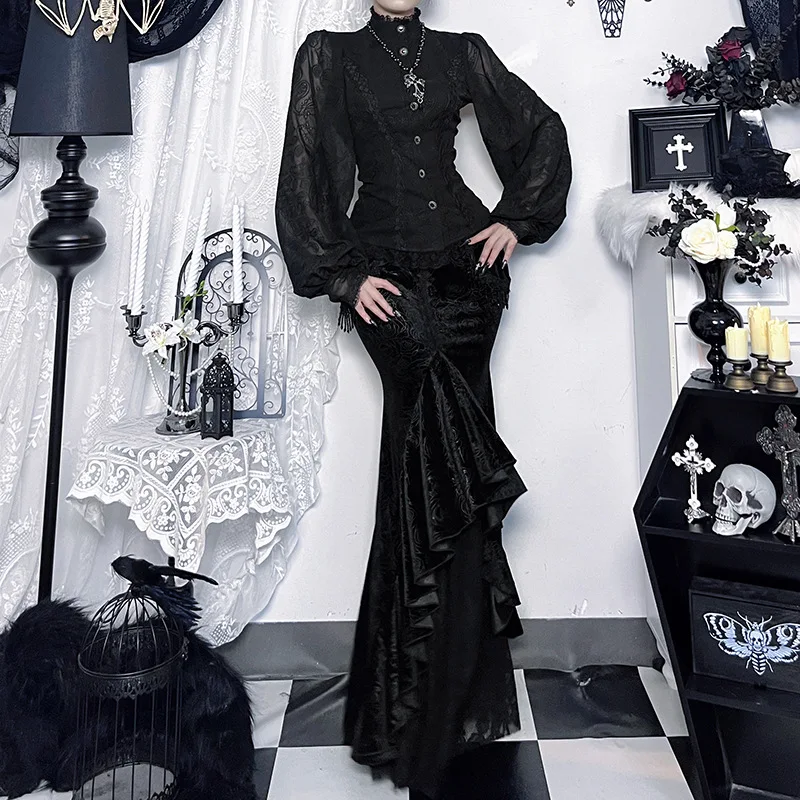 秋のフレンチダークゴシックヴィンテージロングスカート女性の Y2K ボール非対称骨太スカート美的エレガントな高品質の服