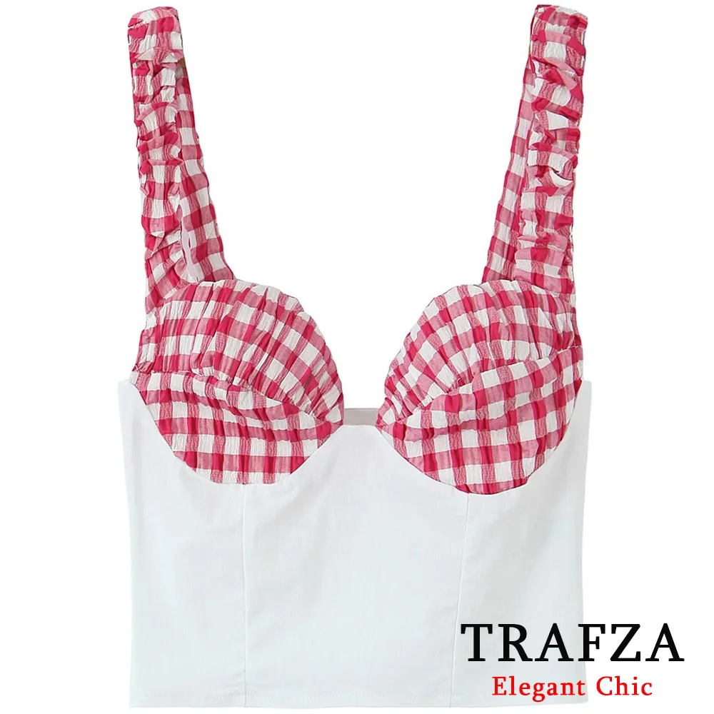 

TRAFZA Cute Sexy Lady Camisole Red Plaid Spliced Slim Suspender Tops 2025 Summer Fashion Sweet Holidays Casual Women Short Tops