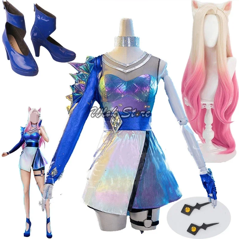 Game Ahri KDA ALL OUT Cosplay Costumes Ahri Sexy Dress K/DA Custom Made Shoes High Heel White Pink Gradient Wig Long Wave Hair O