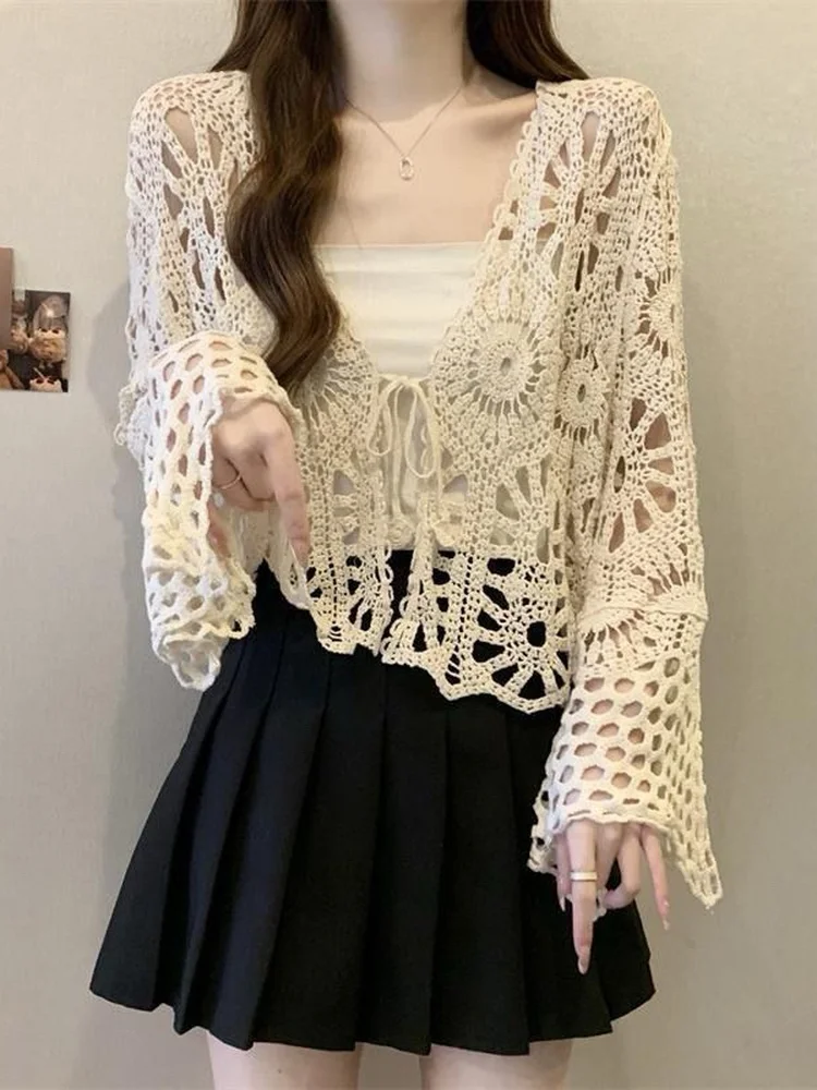 

n Sle Women's Knitted Sun Protection irt Hollow out Long Sve ort Thin Summer Outerwear V-Ne Open Cardigan