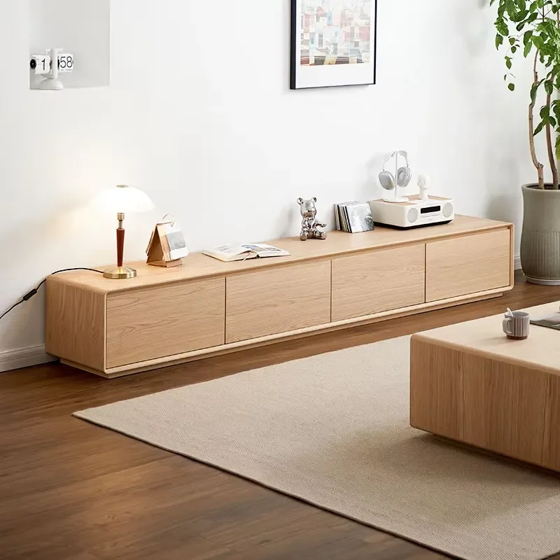 Modern Solid Wood TV Cabinet Natural Color Floor to Ceiling Living Room Furniture High End Design Storage Unit for Home Decor