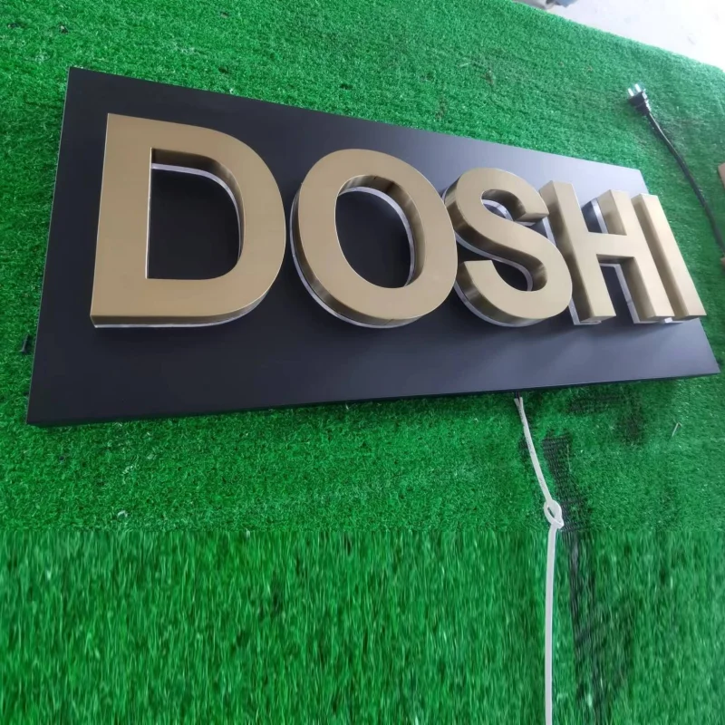 Customized Outdoor Gold Color Stainless Steel Back Lit Wall Signboard, Halo Lighting Company Logo Name Hotel LED Letters Signs