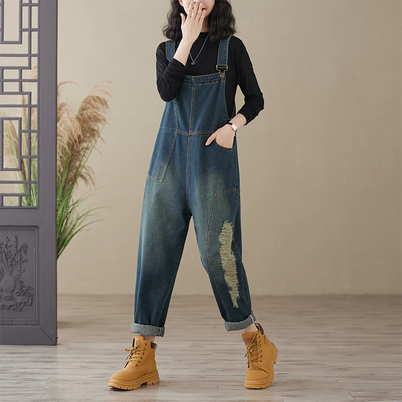 #1458 Autumn Winter Blue Vintage Denim Jumpsuits Women Loose Holes Retro Straight Denim Overalls Ladies Sleeveless Jumpsuits