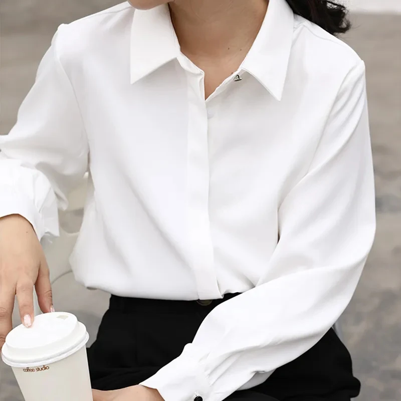 Camisa de gasa blanca para mujer, Top de manga larga, ajustado, con un solo pecho y cuello vuelto, informal, color liso, para oficina