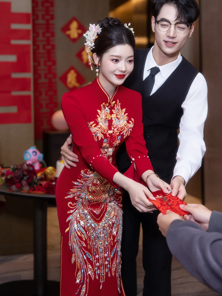 

Элегантное китайское платье для помолвки, красное свадебное платье, ципао для церемонии возвращения домой, для коротких платьев для женщин, модная одежда для удовольствия.