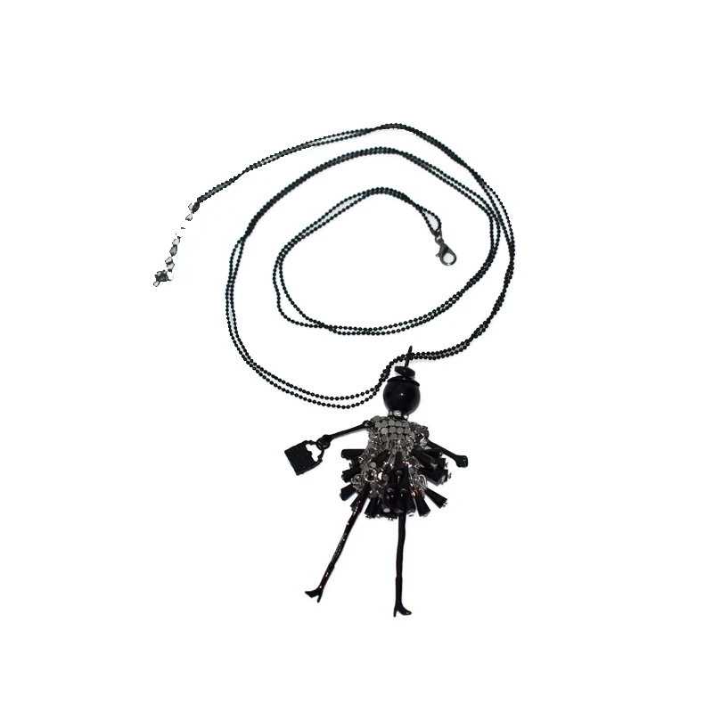 Fashion Delicate Dancing Girl Black&Pink Crystal Pendant Necklaces Women Jewelry Birthday Gift Street Trends Long Sweater Chain