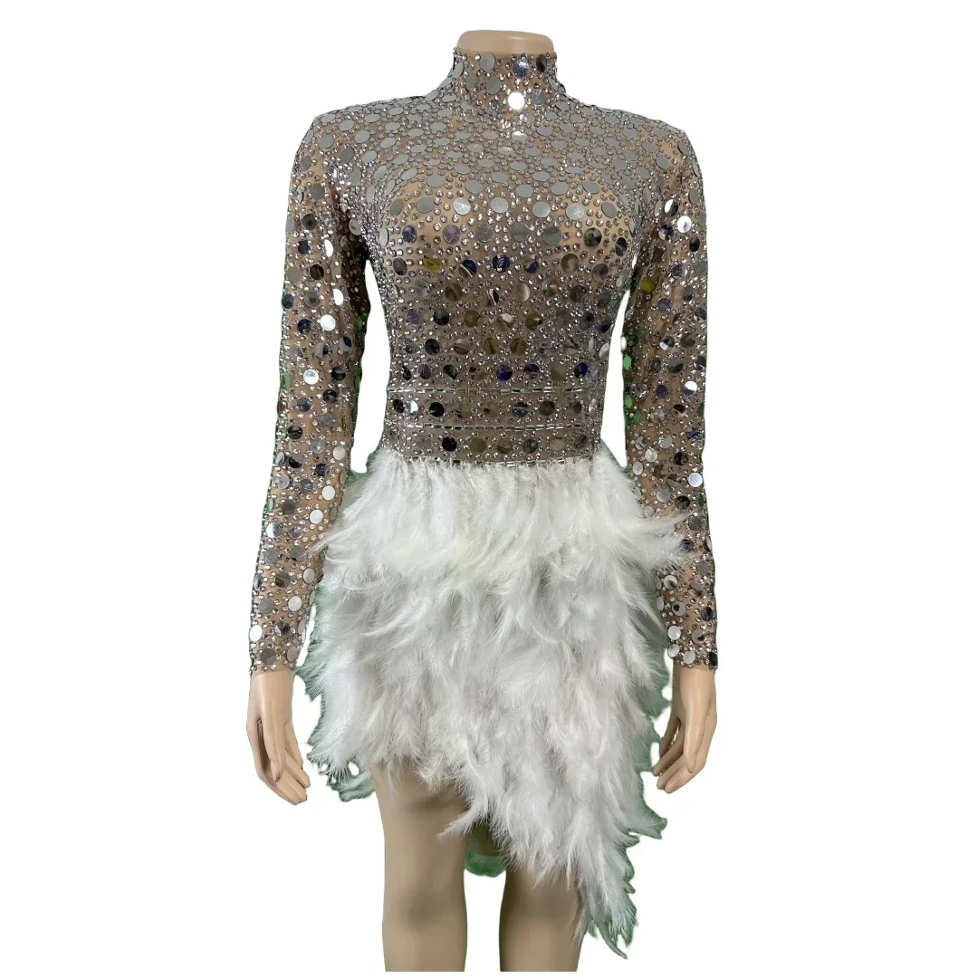 Sparkly Sequins Women White Feather Dress Party Birthday Singer Dancer Stage Performance Drag Costume Carnival Rave Festival