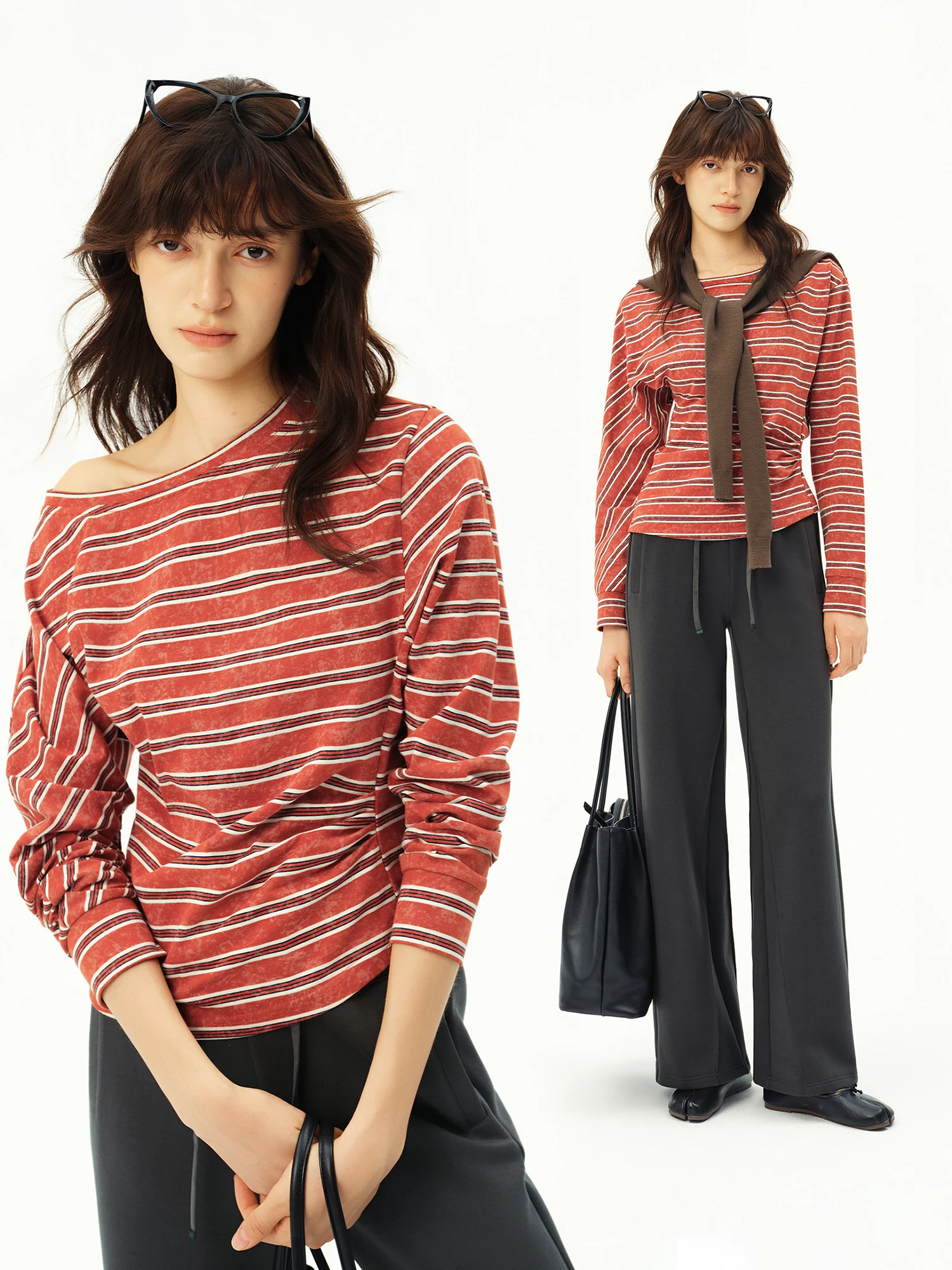 ZIQIAO 2026 Autumn Women Retro Cotton Color Block Drop Shoulder Waist Cinching Striped Distressed Tee Casual Vintage Streetwear