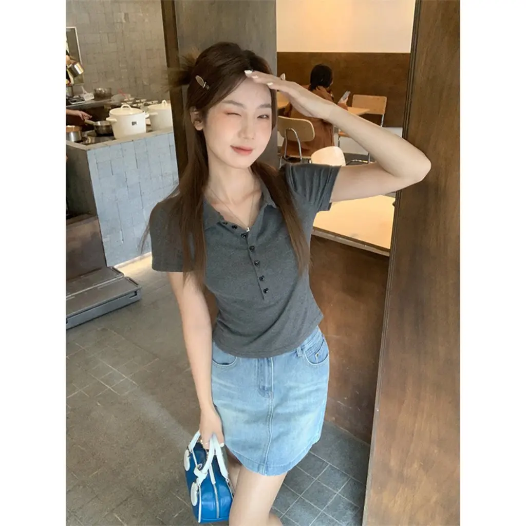 

Women's Korean Style College Polo T-shirt Short-Sleeved Slimming Top Beautiful American Style Spring Summer
