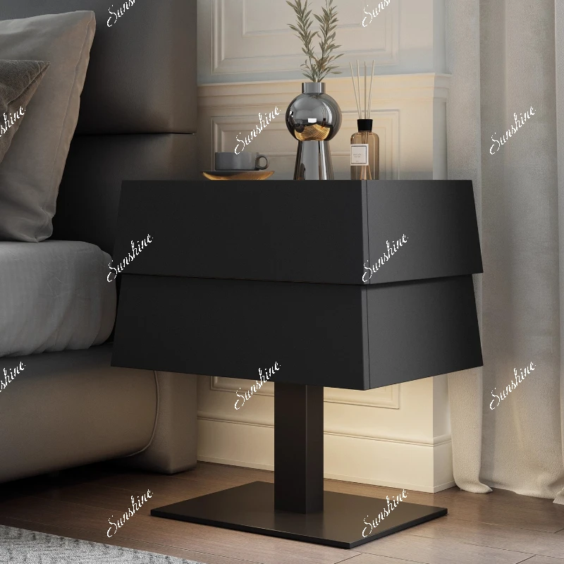 Italian minimalist master bedroom bedside table Light luxury solid wood glass bedside low cabinet