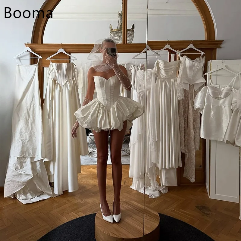 

Booma A-Line Simple Pleat Mini Wedding Dresses Sleeveless Strapless Satin Elegant Brides Gown Custom Made 2025
