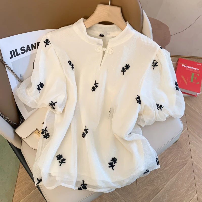 

Ele ort Sve Bubble Sve Chiffon irt Women's Summer Faionable Traditional Chinese Button Design Silk Top