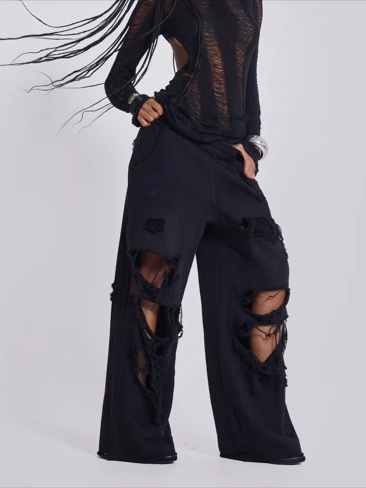 Deeptown Hole Black Women Pants Wide Leg American Retro Hip Hop Solid Sweatpants Distressed Baggy Monster Joggers Streetwear
