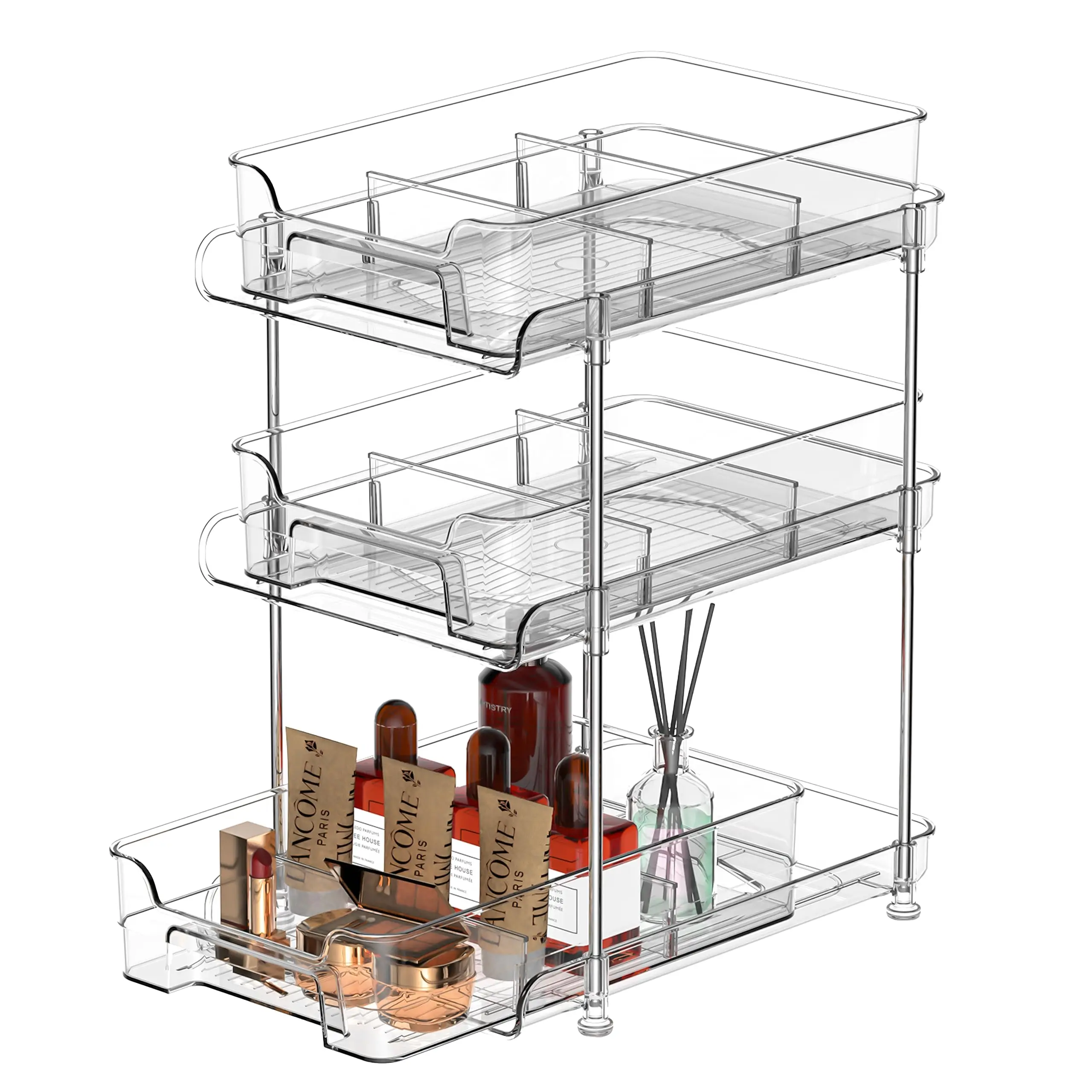 

3 Tier Clear Pull Out Organizer with 3pcs Storage Bins, Large Size Multi-Purpose Slide-Out Storage Container