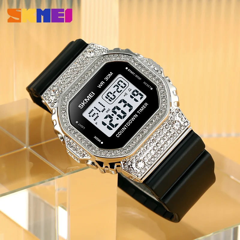 SKMEI 2000 الفاخرة الماس ساعة رقمية الرجال في الهواء الطلق الفولاذ المقاوم للصدأ مربع الرياضة مقاوم للماء رجالي ساعة اليد 1988 Montre أوم