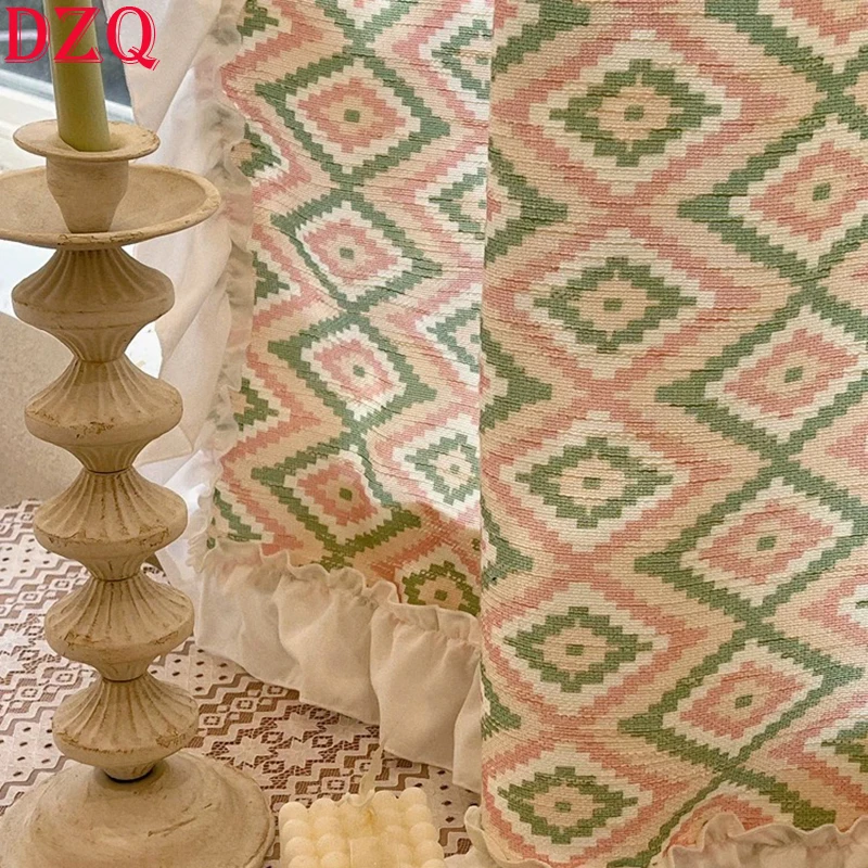 American Rural Geometry Rhombus Pattern Curtains Cloth for Living Room Warp Ruffled Curtains for Bedroom Kitchen #A662