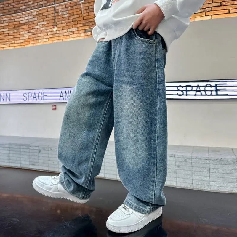 Boys Spring Autumn Jeans 2026 Casual Loose Straight Pants Kids Cool Denim Trousers Children Fashion Long Pants