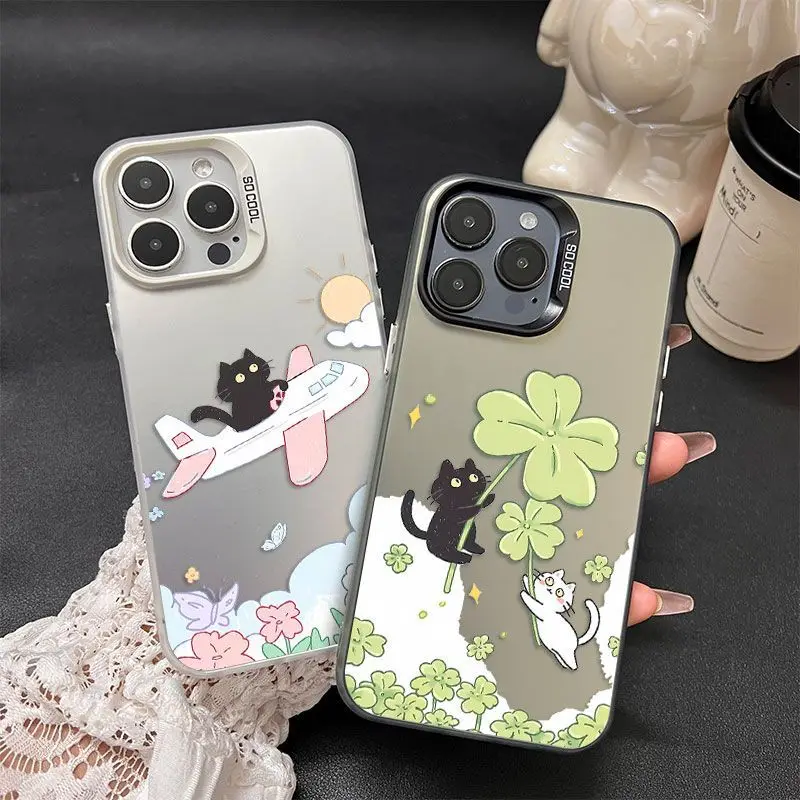 

Four-leaf clover cat design phone case for iPhone 16 15 14 13 12 11 Pro/ Max/Plus shock-proof rear cover anti-fingerprint