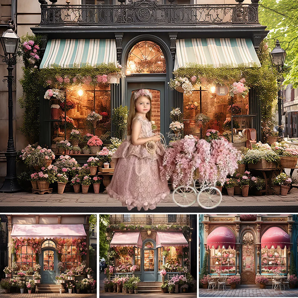 Spring Photography Background Romantic Street Flower Shop Decor Backdrop Booth Sweet Floral Girl Birthday Wedding Portrait Shoot