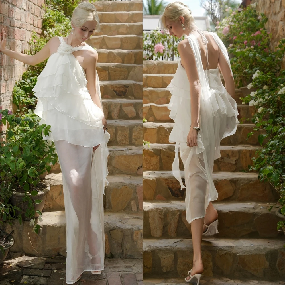 

Customized Formal Chiffon Halter Evening Dress Delicate Sleeveless Prom Dresses Formal Flowers Open Back Special Occasion Gowns