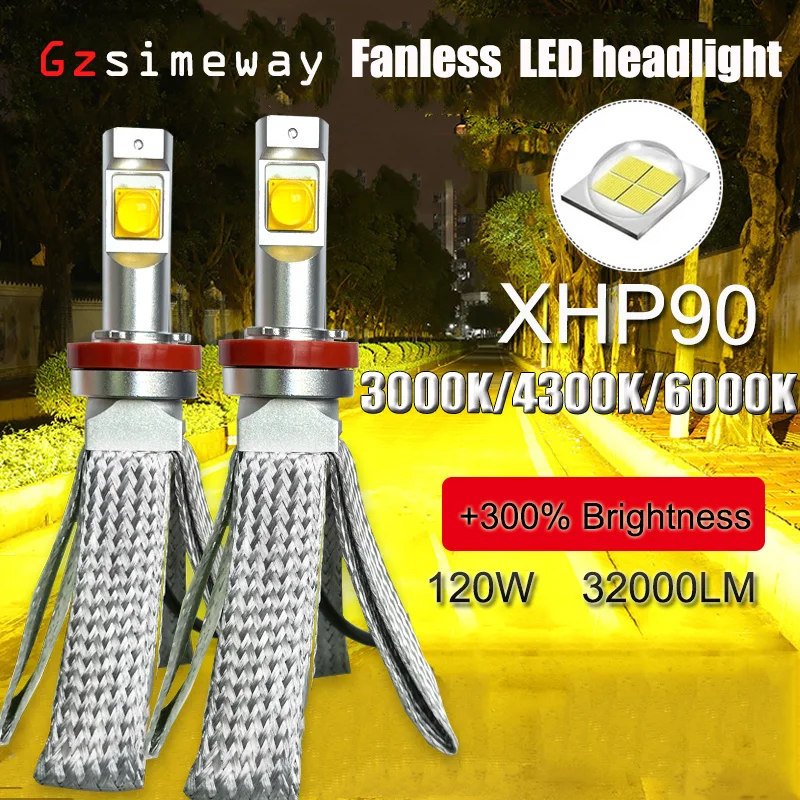 

2 шт. безвентиляторная лампа 4300K H9 H11 H8 LED HB3 HB4 HIR2 3000K H7 H4 Автомобильная фара D2H Светодиодная лампа 32000LM XHP90 светодиод 130 Вт 6000 К Белый