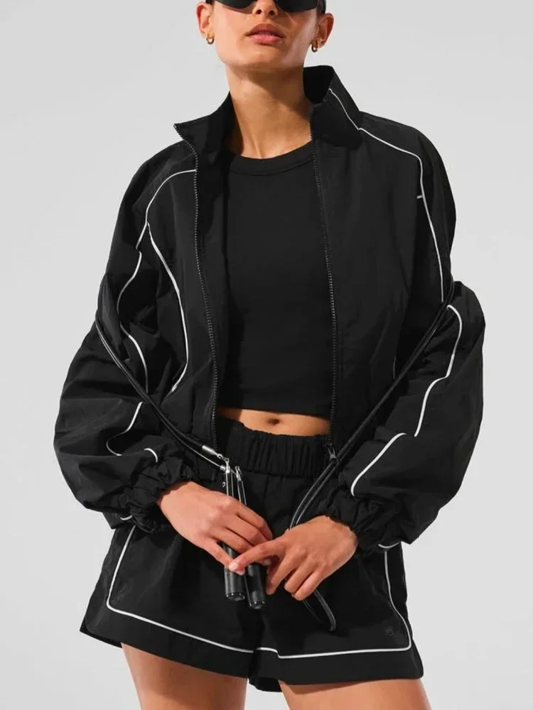 

Yoga Casual White Two Piece Short Sets Summer Shorts Jacket 2 Piece Sets Womens Outfits Sunscreen Short Coat Long Sleeve Sports