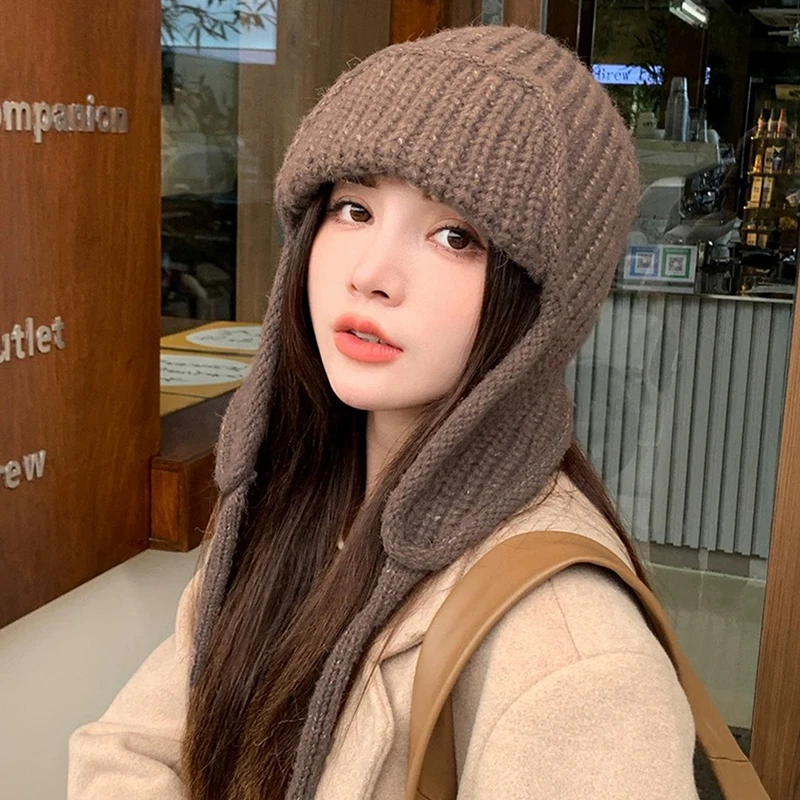 Ear Protection Knit Hat Winter Warm Cold Proof Flying Cap Solid Color Woolen Crochet Bonnet Korean Women Beanie